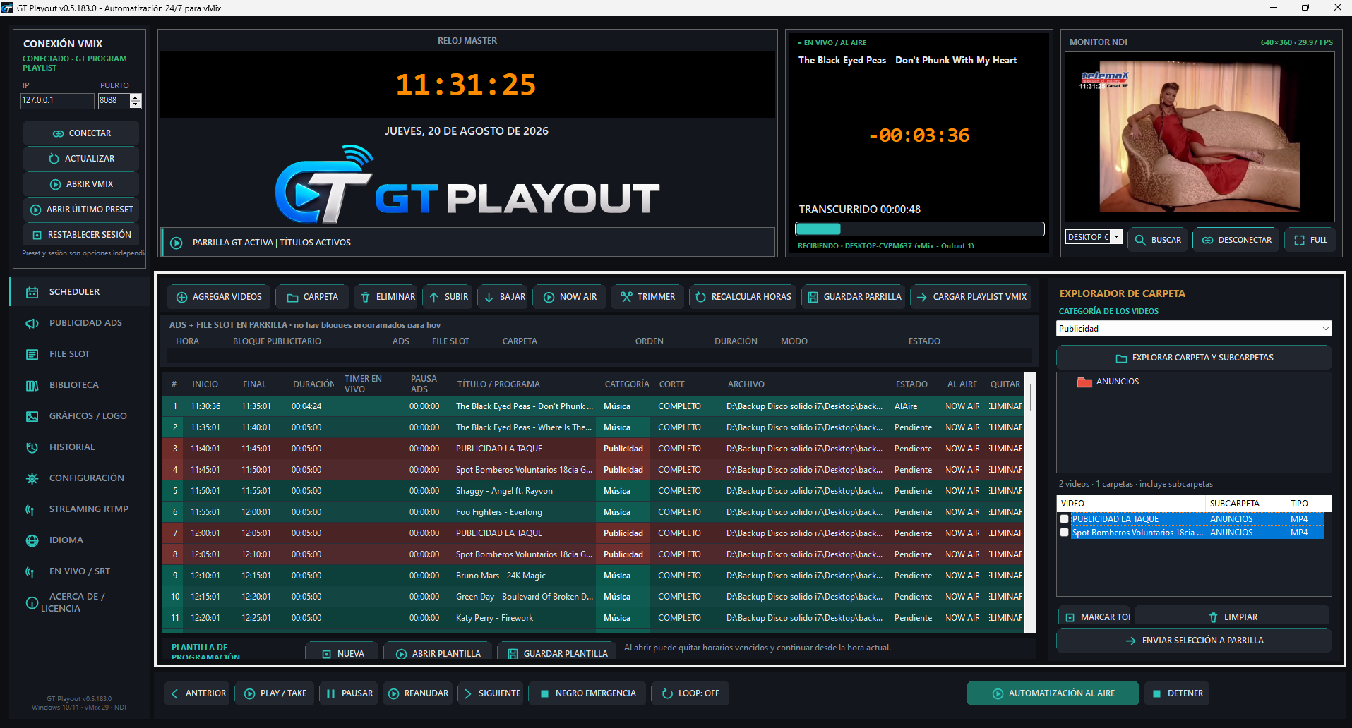 Interfaz real de GT Playout